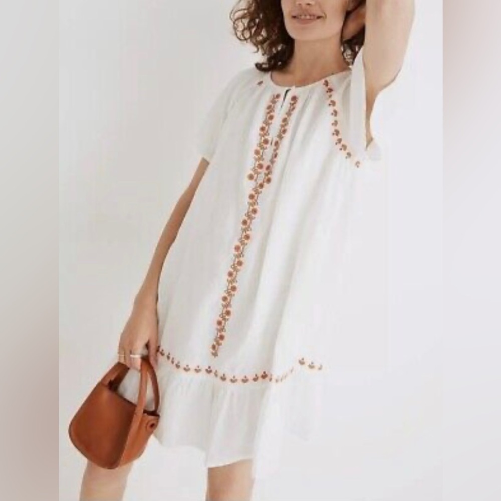 Madewell Embroidered Linen-Blend Raglan Ruffle Mini Dress Size Large